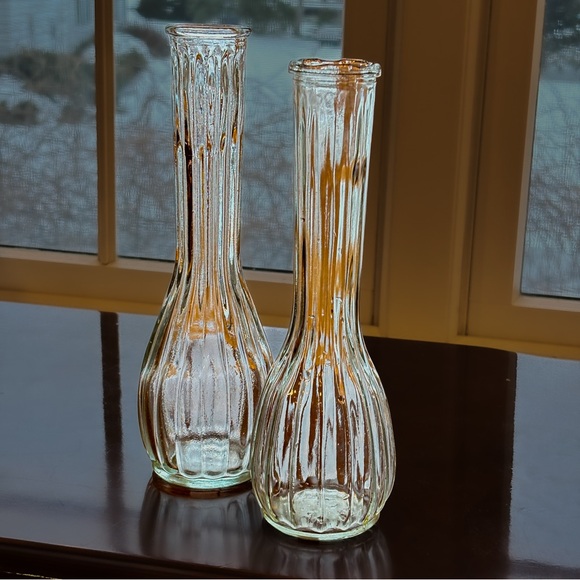 Vintage European Pressed Glass Bud Vase Set Art Deco Ribbed Clear Glass - Picture 6 of 12